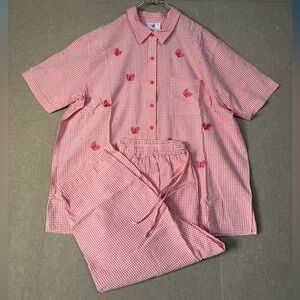 QUACKER FACTORY SET2X GINGHAM CORAL PAPAYA BUTTERFLY EMBROIDERED W/ BUTTON COVER